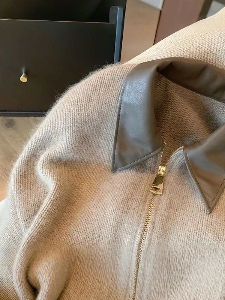 Cardigan with Leather Collar